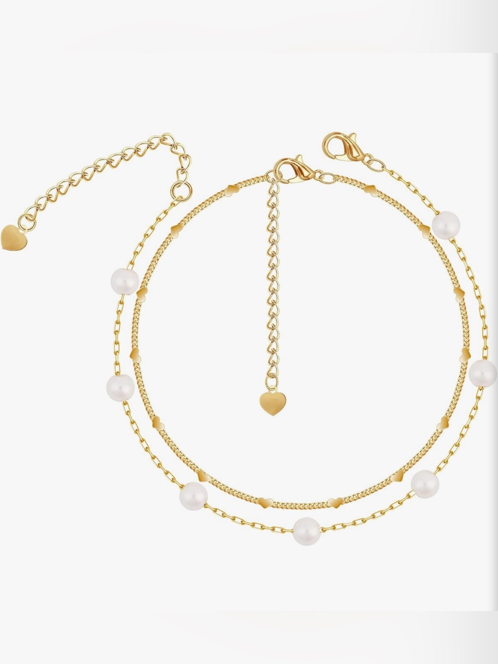 ❤️2Piece Gold Glass Pearl Accent Bracelet Set Womens Jewelry 7” + 2” extend - Picture 2 of 2